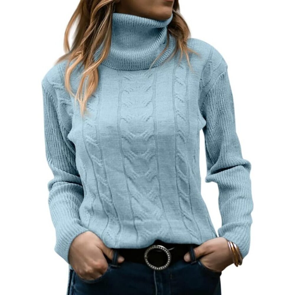 Womens Light Blue Pull On Cable Knit Turtleneck Long Sleeve Casual Warm Sweaters